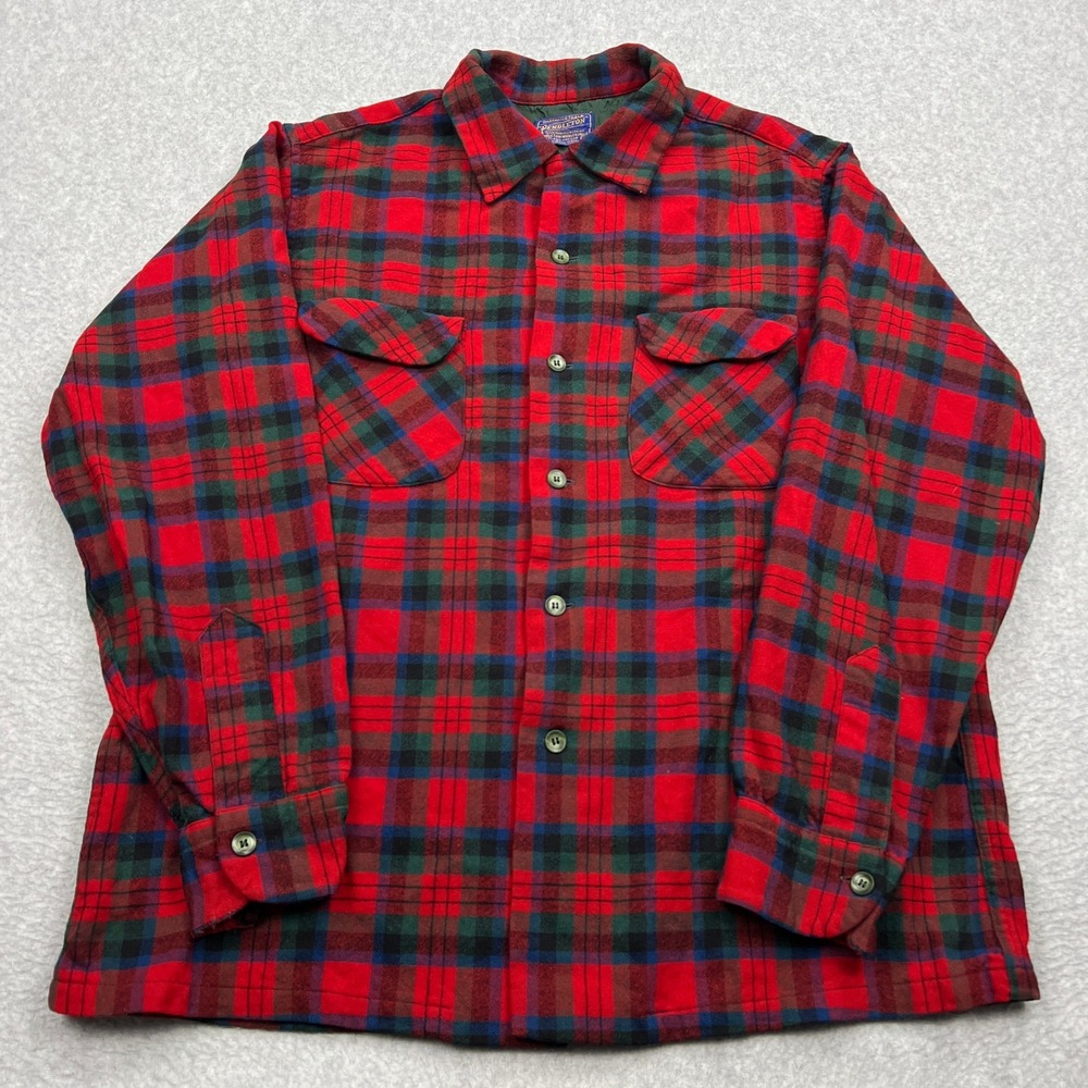 Pendleton Board Shirt Mens Large Red Plaid Wool Button Up Flap Pockets USA 80s*